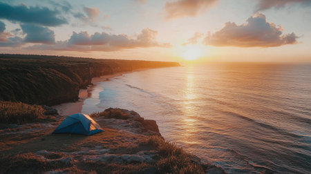 Enjoy a breathtaking coastal sunset with a tent set on a cliffside, overlooking vibrant ocean waves, dramatic clouds, and the tranquil beauty of nature.の素材