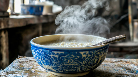 A steaming bowl of rice porridge sits on a rustic wooden table, exuding warmth and comfort. The vintage blue ceramic bowl adds charm to this inviting food scene, perfect for home cooking.の素材