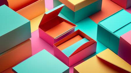 A visually striking arrangement of colorful paper boxes in shades of orange, pink, and aqua creates a modern and playful aesthetic, perfect for creative presentations.の素材