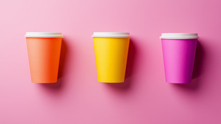 Three colorful disposable coffee cups in orange, yellow, and pink stand against a lively pink background, perfect for marketing, branding, and festive themes.の素材