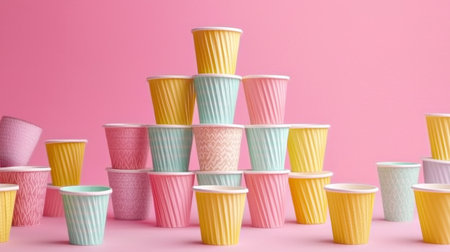 A vibrant display of stylish paper cups in pastel colors stacked on a bright pink background. Ideal for festive events, celebrations, and creative decor ideas.の素材