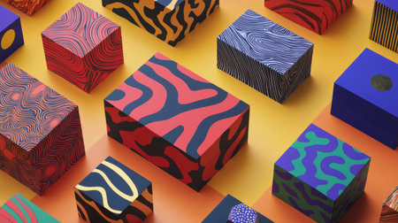 A dynamic arrangement of colorful boxes featuring diverse patterns set against a bright orange backdrop, ideal for showcasing creativity in design and art contexts.の素材