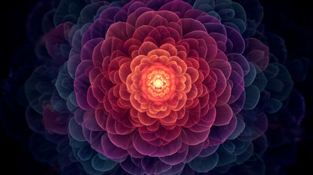 This stunning abstract artwork portrays a vibrant flower design with delicate circular layers and gradients in pink and purple tones, creating a peaceful ambiance.の素材