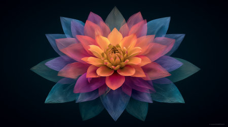 A captivating abstract illustration of a lotus flower, featuring vibrant colors and intricate petal designs. Perfect for nature-inspired art themes.の素材