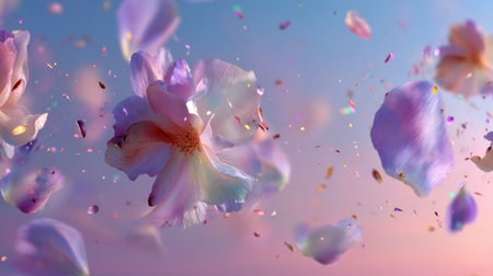 Enchanting scene featuring delicate flower petals gracefully floating against a soft pastel background. This image captures the essence of nature's beauty and tranquility.の素材