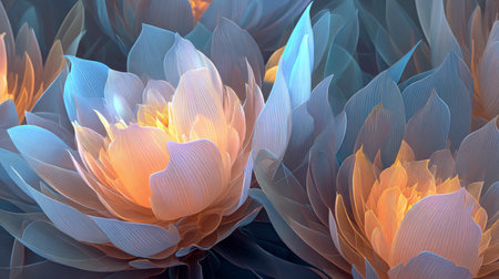 Explore the delicate beauty of ethereal lotus flowers with soft colors. The artwork features luminous petals, creating a serene and tranquil atmosphere.の素材
