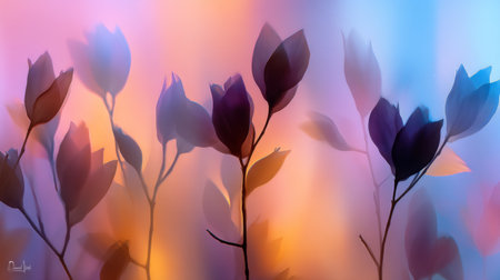 Create a tranquil ambiance with this abstract image featuring soft silhouettes of leaves in an enchanting blend of pastel colors. Perfect for decor.の素材