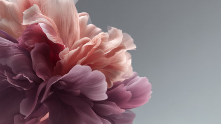 Beautiful close-up of soft pink and purple flower petals against a gentle gray background, evoking feelings of tranquility and elegance in nature's design.の素材