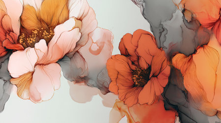 Stunning abstract floral design featuring colorful ink flowers. This elegant art piece blends vibrant shades of orange and pink with gentle gray tones, making it perfect for modern decor.の素材