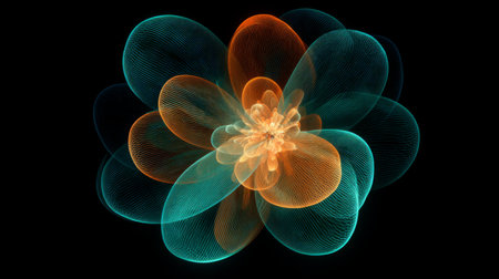 This stunning abstract design features a digital flower with vibrant colors on a black background. Ideal for projects needing an elegant and creative visual impact.の素材