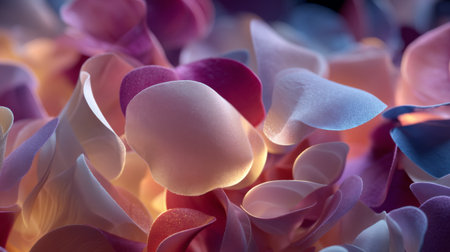 A close-up view of soft flower petals in delicate shades of pink, blue, and purple, illuminated by gentle light, creating an elegant and dreamy atmosphere.の素材