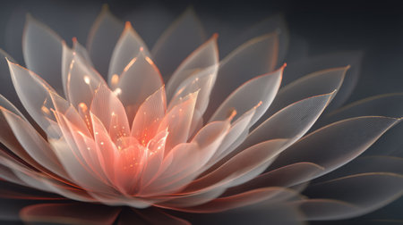 A stunning depiction of a delicate coral lotus flower with soft petals and gentle light effects, creating a serene and tranquil atmosphere perfect for artistic and nature-themed projects.の素材