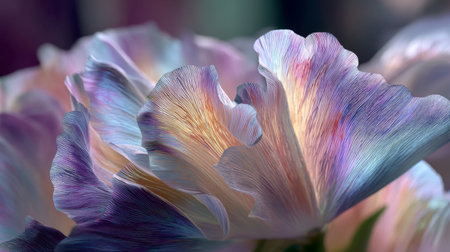 Stunning close-up of delicate tulip petals showcasing soft pastel hues and intricate textures. Perfect for nature-themed projects or floral inspirations.の素材