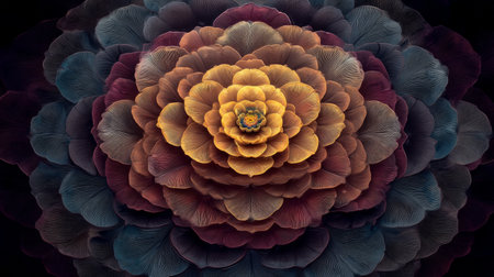 A stunning digital illustration of a vibrant flower with layered petals set against a dark background. This abstract representation evokes beauty and serenity.の素材