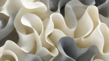 Discover the intricate details of soft waves in cream and gray textiles. This abstract close-up showcases smooth curves and elegant patterns, perfect for art-inspired projects.の素材
