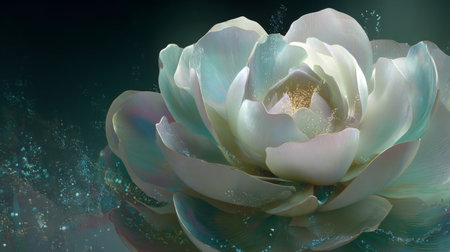 A stunning close-up of an elegant white lotus flower, radiating serenity and beauty. The soft glow and delicate petals create a tranquil and enchanting atmosphere.の素材