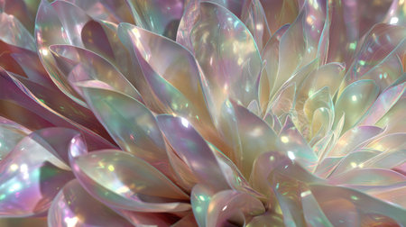 An enchanting close-up of a shimmering iridescent blossom in soft pastel tones, showcasing intricate details and light reflections, perfect for nature and art themes.の素材