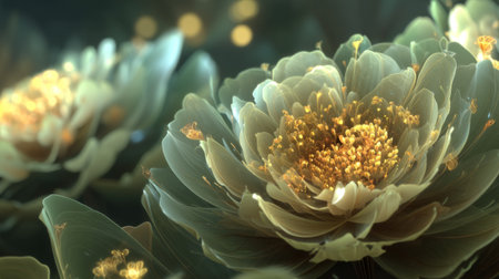 Explore a serene garden scene featuring ethereal blossoms illuminated by soft light. The delicate petals and golden accents evoke a dreamlike atmosphere.の素材