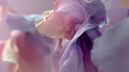 A close-up of soft pink iris petals illuminated by natural light, showcasing delicate textures and gentle colors. Ideal for nature and floral themes.の素材