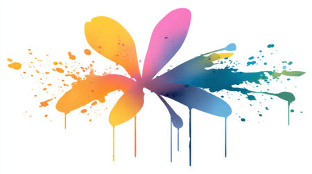 A vibrant and colorful abstract flower design with paint splashes and drips. Perfect for artistic projects, backgrounds, and creative designs seeking a playful touch.の素材