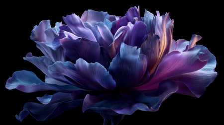 A captivating portrayal of a purple flower, featuring smooth, flowing petals that blend shades of blue and pink, creating a stunning visual arrangement on a black backdrop.の素材
