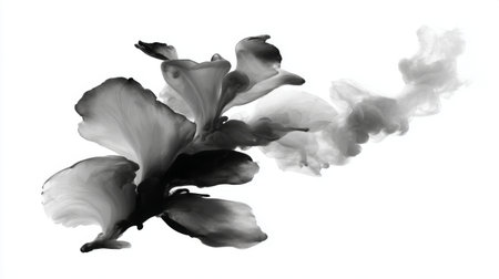 This captivating abstract artwork showcases elegant flowing ink in black and white, emphasizing delicate shapes and smooth curves against a clean white background.の素材