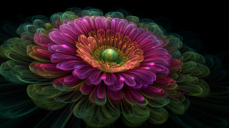 This stunning digital artwork features a vibrant flower with intricate petals in luminous colors, creating a captivating and imaginative floral design against a dark backdrop.の素材