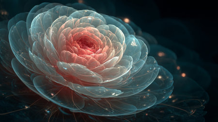 This stunning image features a translucent floral design with soft petals and a warm glow, perfect for artistic projects, invitations, or decorations.の素材