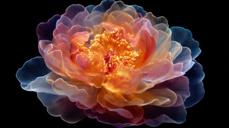 This captivating image features a beautifully layered flower with soft gradients of orange, pink, and blue on a striking black background, perfect for artistic projects.の素材
