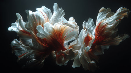 Stunning abstract image of flowing shapes featuring vibrant colors and intricate textures, creating a sense of motion and elegance in a dark setting.の素材