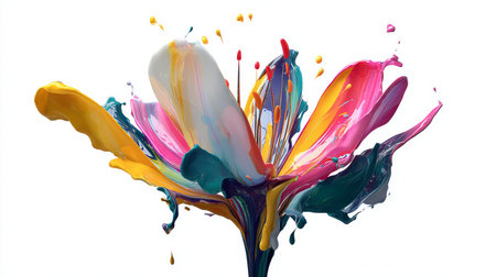 An artistic portrayal of colorful paint splashes forming a flower shape captures dynamic motion and vibrant hues. Perfect for creative and modern design themes.の素材