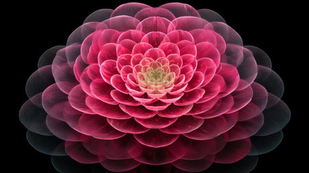 This stunning image features a vibrant pink flower with intricate petal layers, creating a mesmerizing visual effect against a deep black background. Perfect for nature-themed projects.の素材
