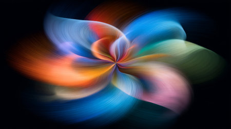 This vibrant abstract swirl artwork features a harmonious mix of colors and fluid motion on a black background, perfect for modern design and creative projects.の素材