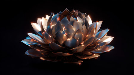 A stunning metallic lotus flower shines with glowing petals against a dark backdrop, creating a captivating visual experience that embodies elegance and tranquility.の素材