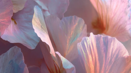 Experience the captivating beauty of delicate petals featuring iridescent colors in soft pastel hues. Perfect for nature-inspired designs and creative backgrounds.の素材