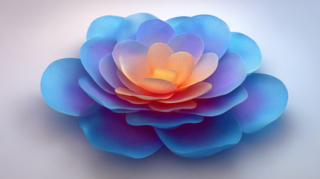This 3D flower design features intricate petals in vibrant blue and soft orange hues, radiating beauty and elegance, ideal for artistic and decorative displays.の素材
