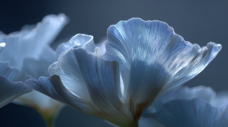 Captivating close-up of delicate blue flower petals illuminated by soft light against a calm background, showcasing nature's beauty and serenity in photography.の素材