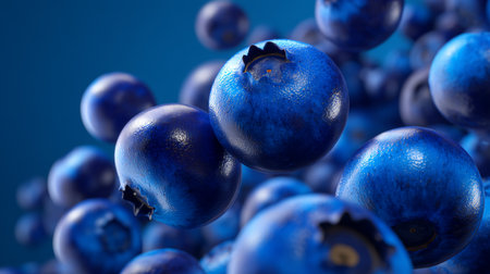 A stunning close-up of fresh blueberries against a vibrant blue background, capturing the beauty of these nutritious fruits perfect for healthy lifestyle concepts.の素材
