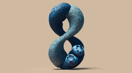 A creative 3D representation of the number eight, elegantly swirled with textured blue patterns, featuring fresh blueberries, symbolizing health and creativity.の素材
