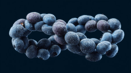 A captivating close-up image of frozen blueberries creatively arranged in an infinity shape against a dark background, symbolizing endless health and vitality.の素材