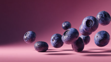 This vibrant image of fresh blueberries with water droplets captures the essence of health and vitality, making it ideal for food-related themes and recipes.の素材