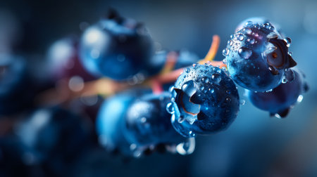 Beautiful close-up of fresh blueberries covered in glistening dew drops, highlighting their vibrant blue color and rich texture, ideal for health and food themes.の素材