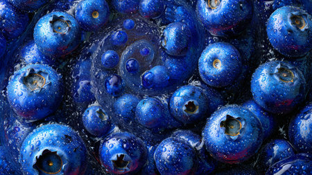 A vibrant close-up image of fresh blueberries adorned with numerous water droplets, capturing the essence of healthy eating and nature's beauty in an artistic swirl.の素材
