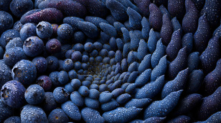 This stunning close-up showcases blueberries arranged in a mesmerizing spiral, accentuated by shimmering water droplets, highlighting the vibrant and fresh qualities of this delicious fruit.の素材