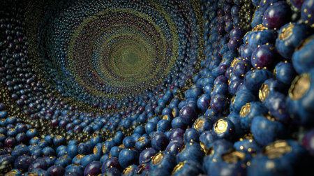 Experience a captivating visual exploration through a mesmerizing spiral of blue and purple spheres, showcasing intricate design details perfect for creative projects.の素材