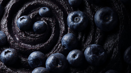 This image features plump blueberries atop a rich dark chocolate swirl, creating a visually striking contrast. Ideal for culinary creations and dessert presentations.の素材