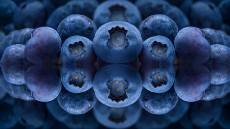 A stunning close-up of blueberries arranged in a symmetrical design, highlighting their rich colors and textures, perfect for wellness and culinary visuals.の素材