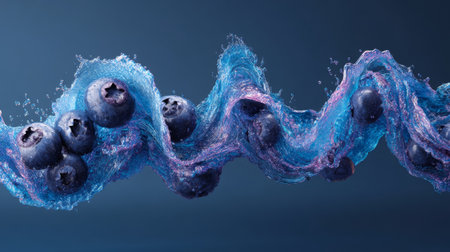 Mesmerizing image depicting blueberries in a splash of water, creating colorful waves. Perfect for showcasing healthy lifestyle concepts, fresh foods, and creative culinary art.の素材