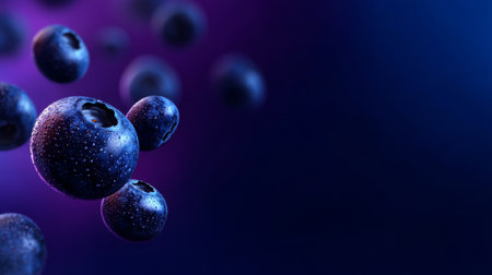 Experience the beauty of fresh blueberries in an artistic composition, showcasing their glossy texture and vibrant colors against a dark background.の素材