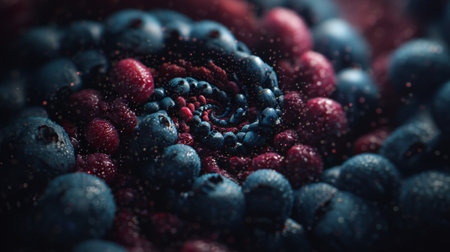 An artistic depiction of swirling blueberries and raspberries creating a mesmerizing abstract pattern, ideal for themes of freshness, nature, and culinary delight.の素材